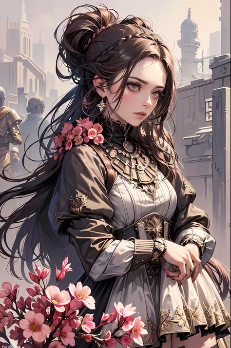 Woman, serious, elegant, pink dress, aristocratic, silver elements, long nails, bare shoulders, (dark hair),hairstyle, hair up, braid and ponytail, messy, arrogant, absurdes, detailed dress, royalty, celebration, hall decorated with flowers, closeup face, ...