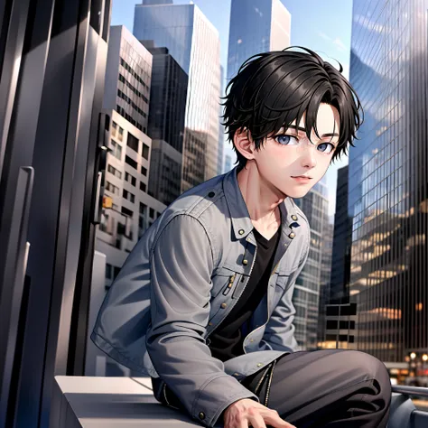 1boy, grey jacket, black hair, lying, black eyes, city background