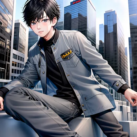 1boy, grey jacket, black hair, lying, black eyes, city background