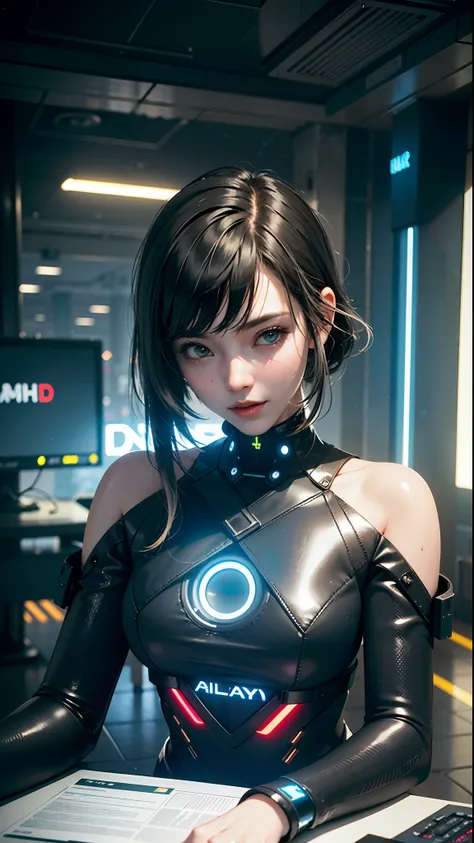 ((Best Quality)), ((Masterpiece)), (High Definition:1.3), 3D, Beautiful (Cyberpunk:1.3) Woman with boyish hair in siyot cut, computer terminal, computer server, LCD screen, fiber optic cable, corporate logo, HDR (high dynamic range), ray tracing, nvidia rt...