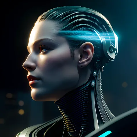complex 3D render, ultra-detailed beautiful porcelain profile, female upper body, android, closed mouth, cyborg, robotic parts, 150mm, beautiful studio soft light, rim light, bright details, luxury cyberpunk, lace, hyperrealistic, anatomical, facial muscle...