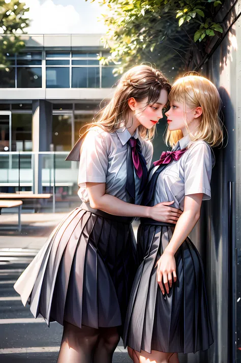 two girls, with school uniforms, lesbian couple, looking at each other, tall, beautiful, flat,