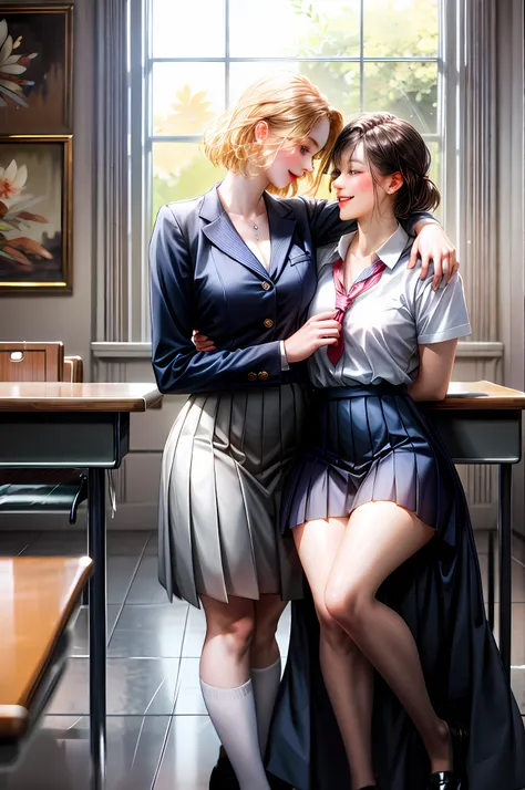 Romance students, two girls students in school uniform, lesbian couple, tall and thin, beautiful, alumnaxalumna, classmates