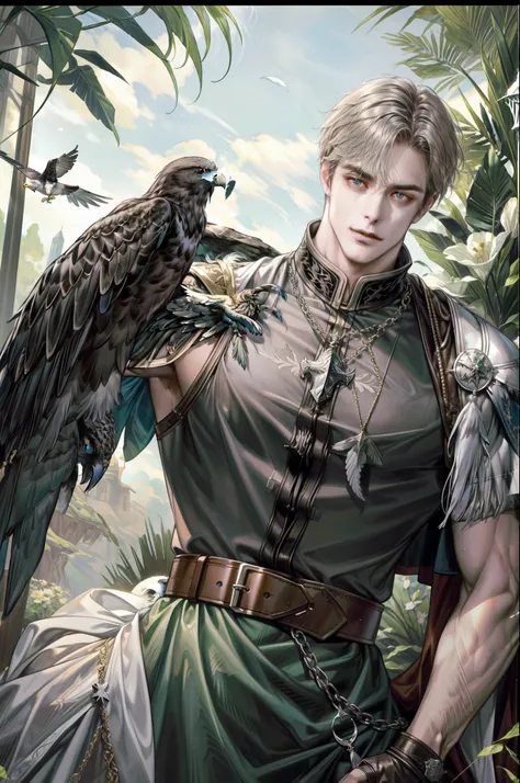 (absurdres, highres, ultra detailed), 1 male, adult, handsome, tall muscular guy, broad shoulders, finely detailed eyes, looking down, solo, upper body, detailed background, detailed face, falconer, bird resting on shoulder, eagle resting on shoulder, fal...