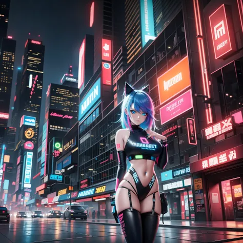 masterpiece, best quality, neon hair, outlaw, blue_eyes, night, neon_lights, abandoned night city, full body, solo, sexy girl, cyberpunk