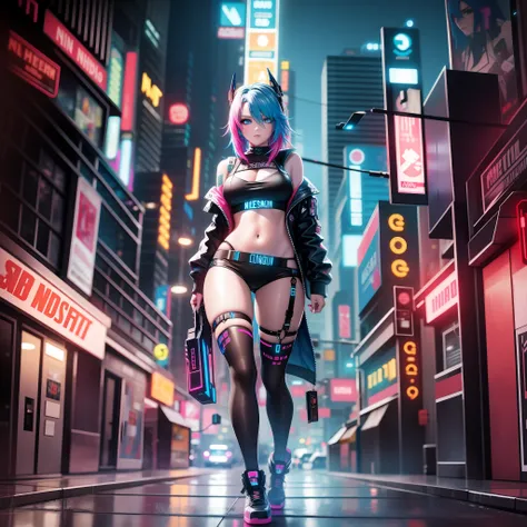 masterpiece, best quality, neon hair, outlaw, blue_eyes, night, neon_lights, abandoned night city, full body, solo, sexy girl, cyberpunk