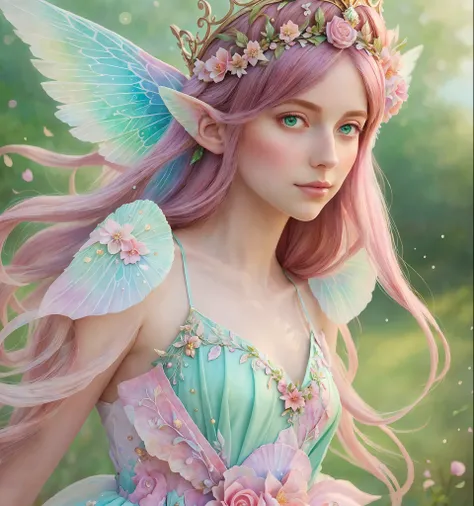 princess girl with wing, green and pink, pastel, glitter, dramatic, dreamy, pastel, watercolor, whimsical, delicate, shell crown...