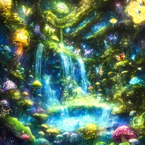 ((impressively cinematic)),(magical, mystic),(a magical scene from a movie with creatures in a mushroom forest),(extreme detaili...