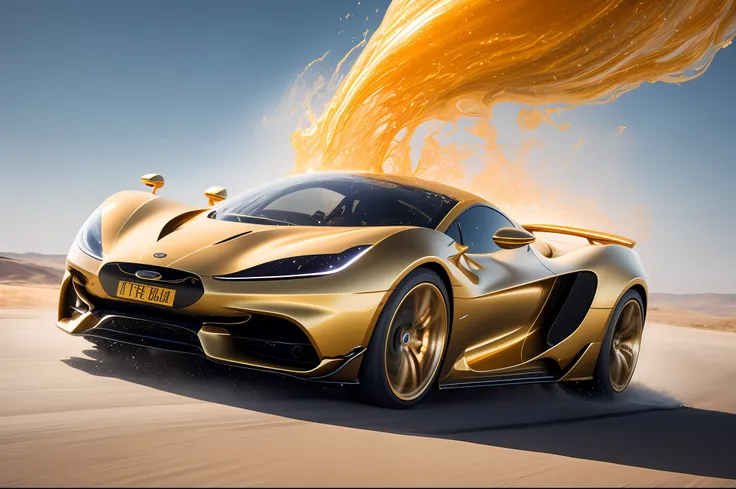 a golden hypercar (liquid splash fluid art:1.2) golden vortex: a golden hypercar hurtles through a swirling vortex of silvery li...