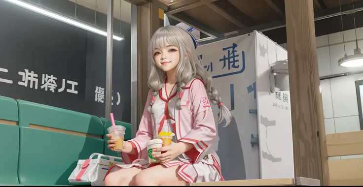 1girl, sitting at the station, tokyo, subway station, white hanfu, silver hair, twisted braids, cute smile, holding a water cup ...