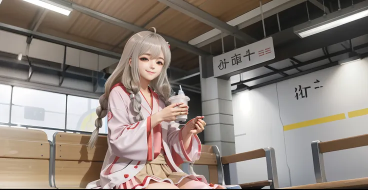 1girl, sitting at the station, tokyo, subway station, white hanfu, silver hair, twisted braids, cute smile, holding a water cup ...