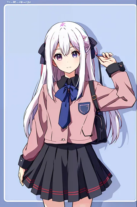 masterpiece, 1girl,solo,best quality, nii_manabu,school uniform, [white hair:pink hair:20],black skirt,long hair,upper body, hair ribbon, star-shapped hairpin,