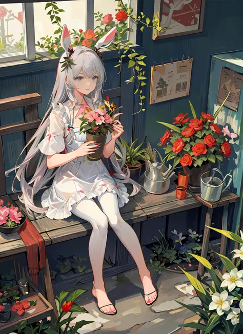 Flowers, nail polish, plants, potted plants, buns, pots, vases, toenail polish, animal ears, rabbit ears, roses, red nails, leaves, safflower, hydrangeas, feet, tulips, bamboo, pink flowers, pulling cow flowers, purple flowers, pink roses, toenails, 1girl,...