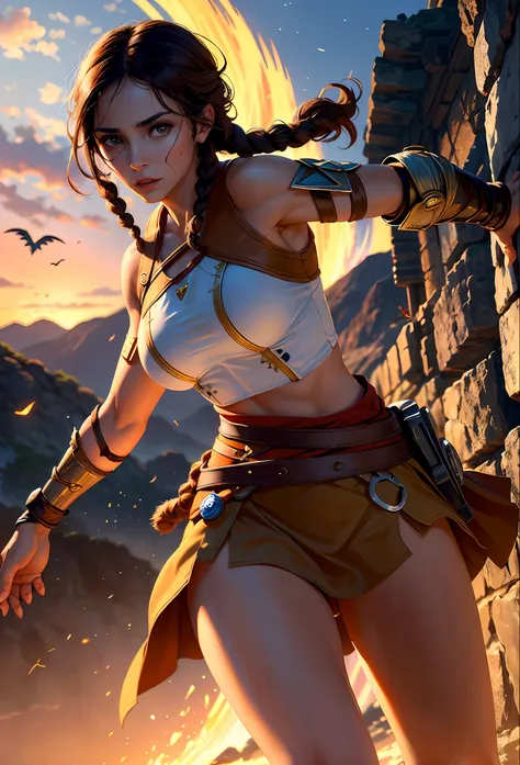 solo, kassandra (from assassin's creed oyssey, 1female, stron, toned abs, brown hair with side braids, brown eyes, light brown s...