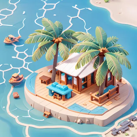 beach,houseboatcoconut tree, game asset style in a low poly modelisometric tilt-shift, 16bit pixel arttrendy ip by pop mart mock...