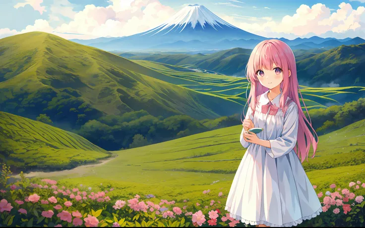 mount fuji, tea plantation, girl, top quality, pink hair, white dress, ephemeral, long hair, little girl, small, far winding, ho...