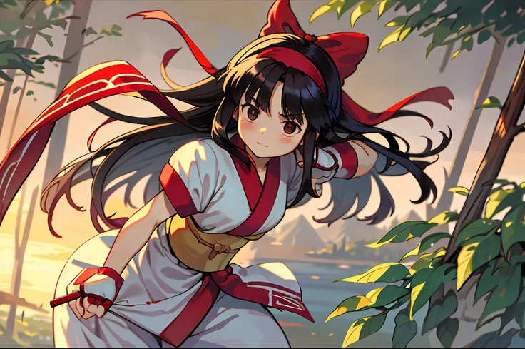masterpiece, best quality,1girl, red bow, bow, long hair, hair bow, ainu clothes, solo, hairband, black hair, fingerless gloves, short sleeves, gloves, sash, pants, bangs, red hairband, weapon, breasts, brown eyes, white pants, japanese clothes, nakoruru, ...