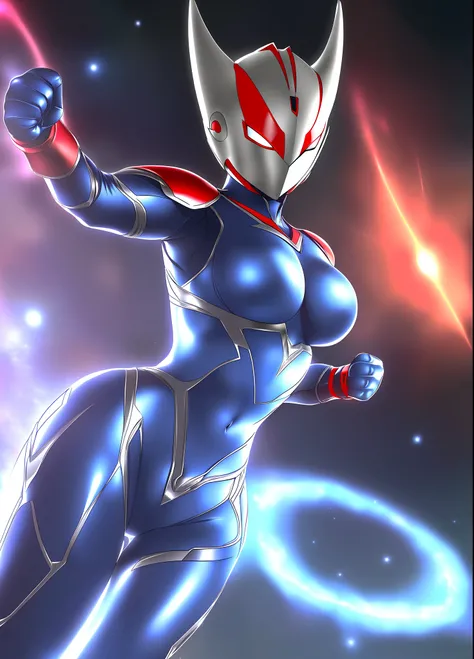 Full Body, 1 giant female in Ninja/Ultraman suit, huge breasts, ultraman helmet mask, facing viewer, no hair, clenched fists, fists up, bright blue circular jewel on her chest, in fighting stance, she has thunder around from your body, you are in a destroy...