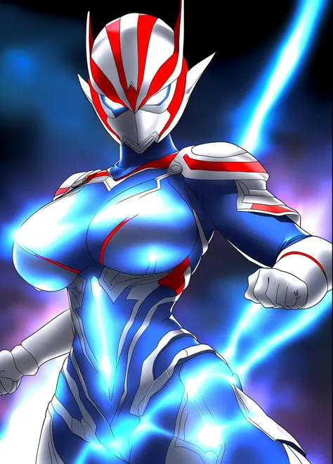 Full Body, 1 giant female in Ninja/Ultraman suit, huge breasts, ultraman helmet mask, facing viewer, no hair, clenched fists, fists up, bright blue circular jewel on her chest, in fighting stance, she has thunder around from your body, you are in a destroy...