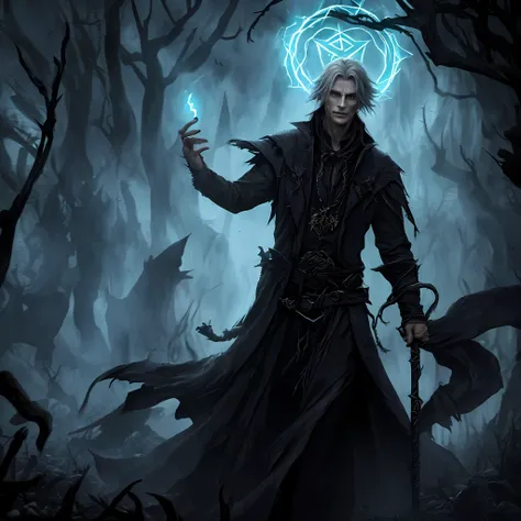 a feeble and aged warlock, garbed in a tattered black suit, with a twisted and crooked staff in his hand. magical effects, glowi...