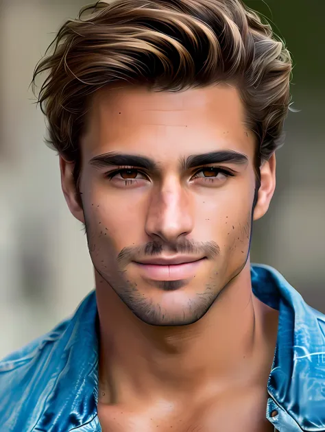 a photorealistic portrait of a stunningly handsome tanned brazilian male supermodel with no make-up, photo for the cover of a ma...