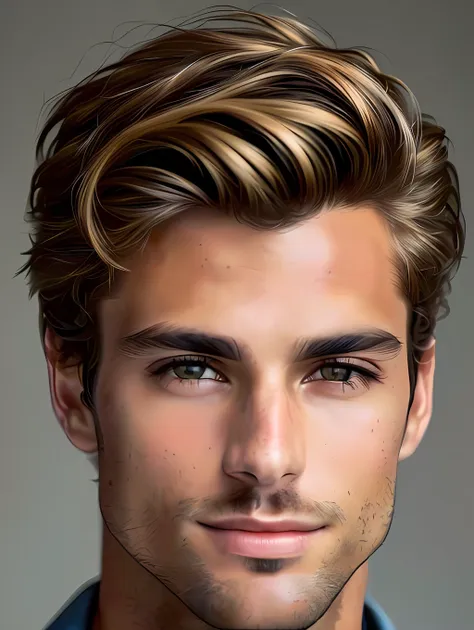 a photorealistic portrait of a stunningly handsome tanned brazilian male supermodel with no make-up, photo for the cover of a ma...