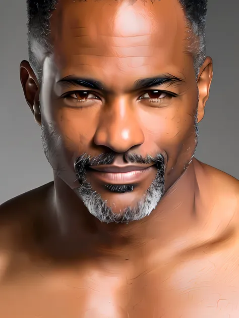 a photorealistic portrait of a black brazilian very mature male supermodel with no make-up, photo for the cover of a magazine, e...