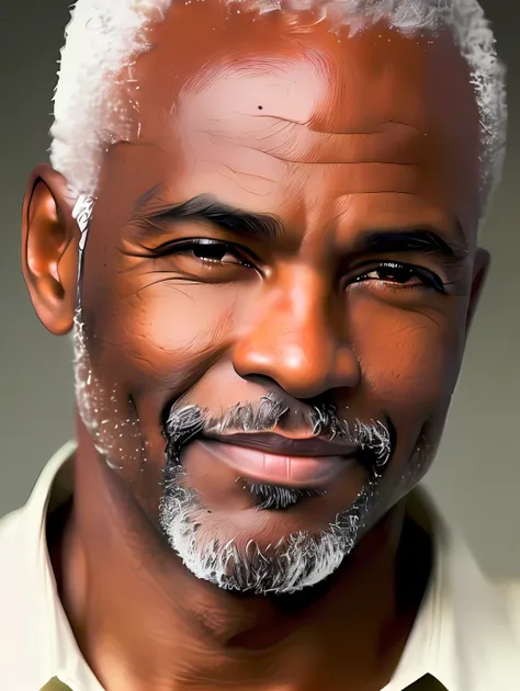 a photorealistic portrait of a black brazilian very mature male supermodel with no make-up, photo for the cover of a magazine, e...