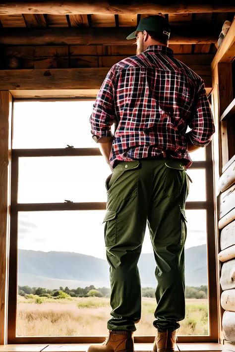 two men style lumberjack, burly, cap, plaid shirt and safari pants, safari boots, passionately. posing for the camera, looking a...