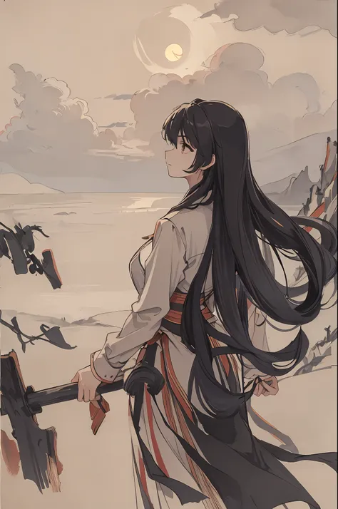 Masterpiece, best quality, night, hills, clouds, full moon, long hair, woman, silhouette, firefly.