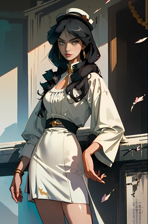 (Best quality, masterpiece), 1girl, (beautiful woman, piercing: 1.3), ((Feng Fujiko of Luban III)), Asian face, long black hair, beige trench coat, sunglasses, white top hat pinned with rose, Browning pistol, war background, Middle Eastern style in the bac...