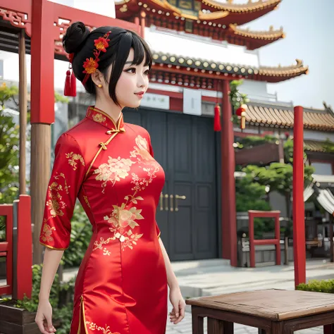 wearing red cheongsam, cheongsam, chinese costume, chinese traditional clothing, chinese woman