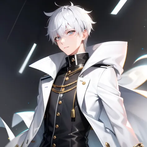 a boy, 21 years old, with short white hair, golden pupils, wearing high-tech clothes with a metallic sheen, silver white as the ...