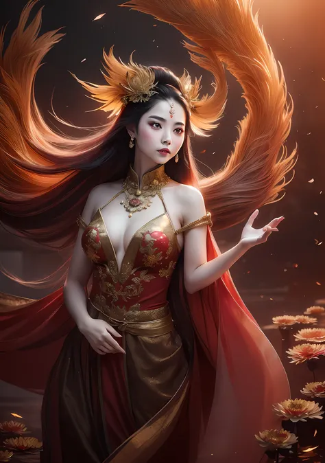 chinese ink, (Masterpiece, best quality: 1.2), a girl with phoenix wings standing in a ring of fire, with glowing red eyes, phoenix, lotus flowers, red gold pink, sunrise from mountain at the background, old china buildings