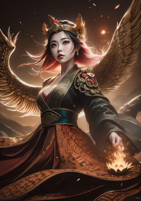 chinese ink, (Masterpiece, best quality: 1.2), a girl with phoenix wings standing in a ring of fire, with glowing red eyes, phoenix, lotus flowers, red gold pink, sunrise from mountain at the background, old china buildings