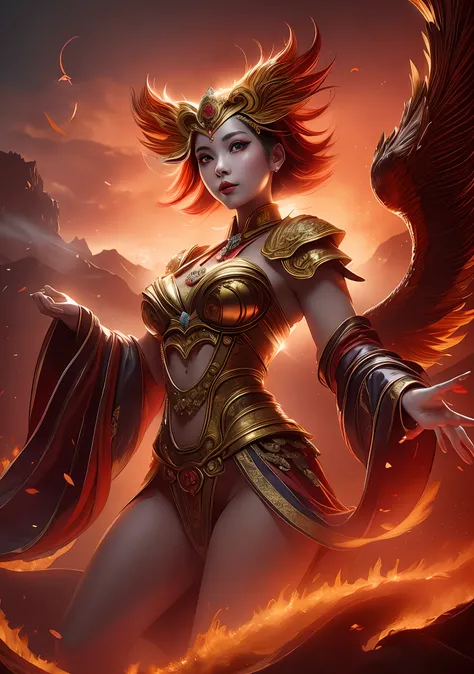 (Masterpiece, best quality: 1.2), a girl with phoenix wings standing in a ring of fire, with glowing red eyes, phoenix, lotus flowers, red gold pink, sunrise from mountain at the background, old china buildings on fire