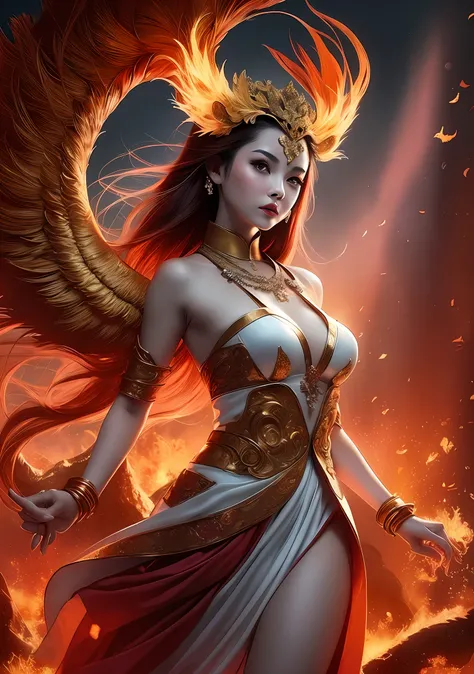 (Masterpiece, best quality: 1.2), a girl with phoenix wings standing in a ring of fire, with glowing red eyes, phoenix, lotus flowers, red gold pink, sunrise from mountain at the background, old china buildings on fire