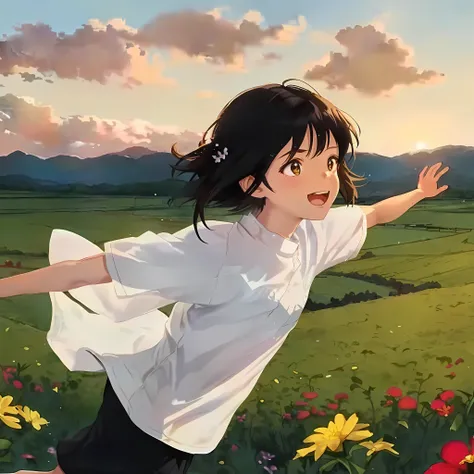 anime girl in a field of flowers with her arms outstretched, the anime girl is running, anime visual of a cute girl, girl dancing in a flower field, girl jumping in a flower field, girl floating in a flower field, lofi girl, beautiful anime scene, ( ( mako...