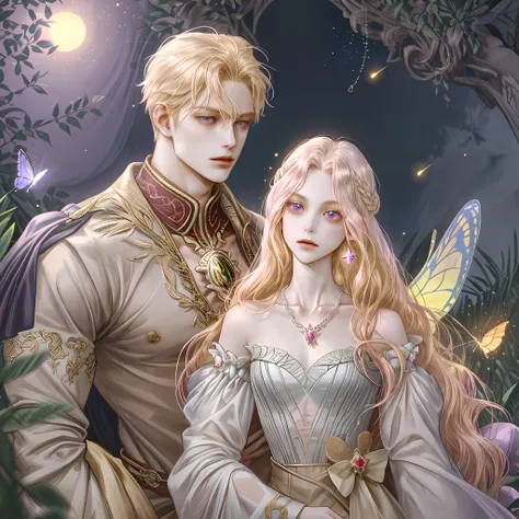 8k, portrait, 1 man, perfect looking, pleasurable body, soft body, slim waist, hips, pink, topless, small silver necklace with red diamond pendant, leg-length wavy hairstyle, bright golden blonde hair, big purple eyes, clear butterfly wings, fairy tail, fa...