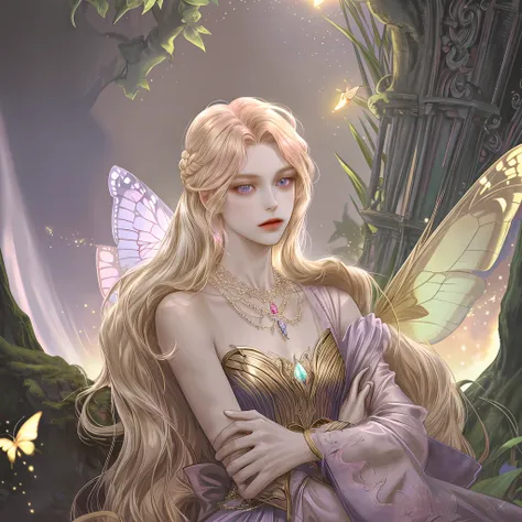 8k, portrait, 1 man, perfect looking, pleasurable body, soft body, slim waist, hips, pink, topless, small silver necklace with red diamond pendant, leg-length wavy hairstyle, bright golden blonde hair, big purple eyes, clear butterfly wings, fairy tail, fa...