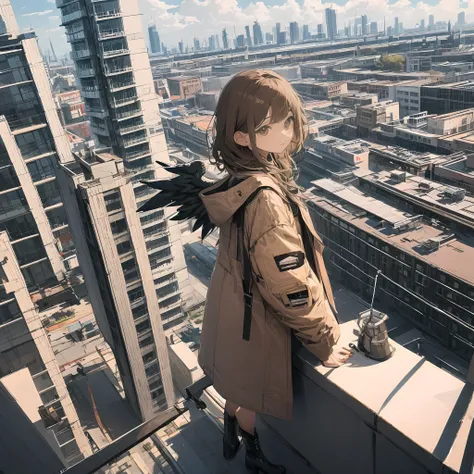 (masterpiece, best quality),from above , 1girl, solo, (feathered wings:1.2), billboard, brown eyes, brown hair, building, city, ...