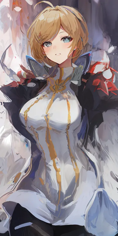 Relena Peace Craft, Masterpiece, Best Quality, Detailed Face, Detailed Eyes, High Gloss, large_breasts, Standing, Relena Military Uniform, Bra, Big Breasts, Very Large Boobs, Coiled Hair, Hairpin, Headband, Open Clothes, Blushing, Juice, Belly Button, Blac...