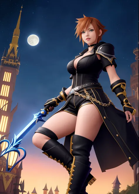 kingdom hearts 3, 1 woman, big breasts, warrior outfit all black with gold details, brown shorts and ((black boots)), feet on th...