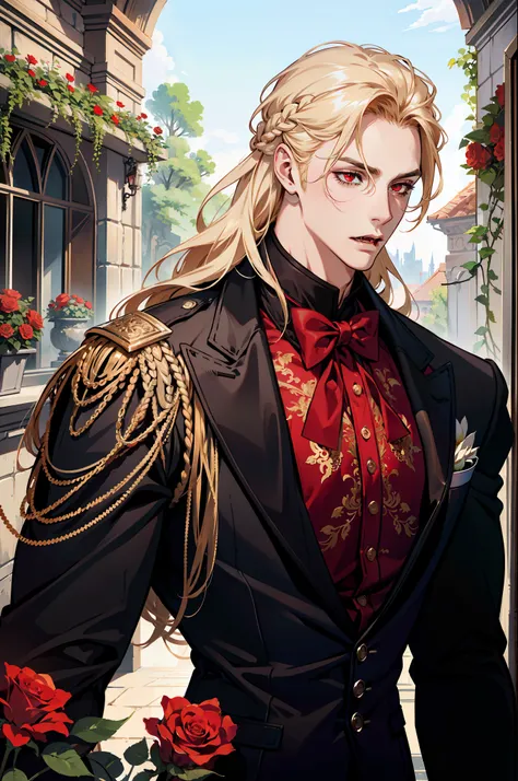 (absurdres, highres, ultra detailed), 1 male, adult, handsome, tall muscular guy, broad shoulders, finely detailed eyes and detailed face, blonde long braided hair, red eyes, handsome, suit, fantasy, uniform, royal, gothic, vampire, flowers blooming bright...