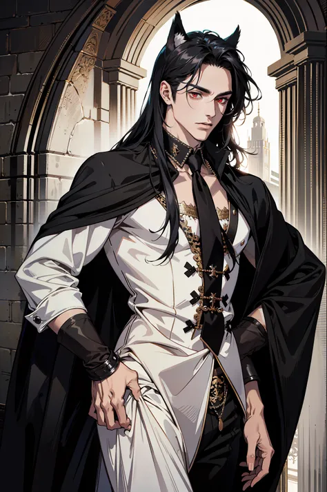 (absurdres, highres, ultra detailed), 1 male, adult, handsome, tall muscular guy, broad shoulders, finely detailed eyes and detailed face, black very long hair, red eyes, handsome, fantasy, gothic, wolf ears, wolf tail, Sunlight, Fantastic light and shadow...