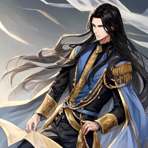 a handsome young prince with long black hair, and his beautiful blue eyes, he is wearing a gentleman's outfit with a beautiful b...