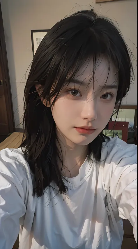 8K, Best Quality, Masterpiece, Ultra High Resolution, (Realism: 1.4), Original Photo, (Realistic Skin Texture: 1.3), (Film Grain: 1.3), (Selfie Angle), 1 Girl, Beautiful Eyes and Face Details, Masterpiece, Best Quality, Close-up, Upper Body, Looking at the...