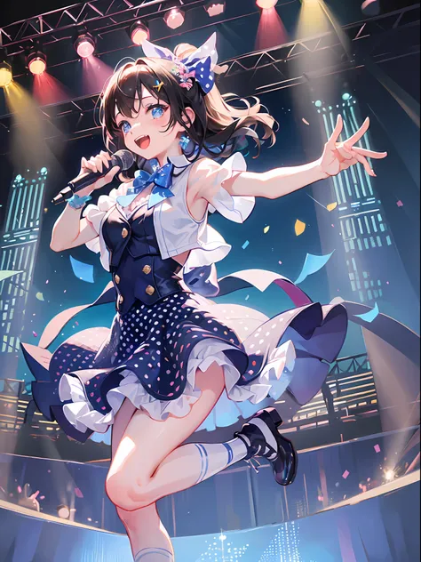 ((fullbody)) happy idol, singing, stage, music notes, musical, lights, lasers, colorful, polka dots dress, big bow, detailed acc...