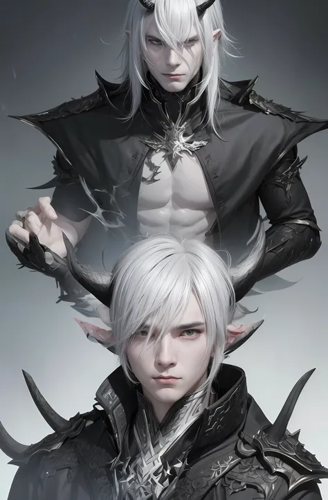 a close up of two men with white hair and horns, by yang j, fit male demon with white horns, by shitao, 2 b, 2b, wlop and sakimi...