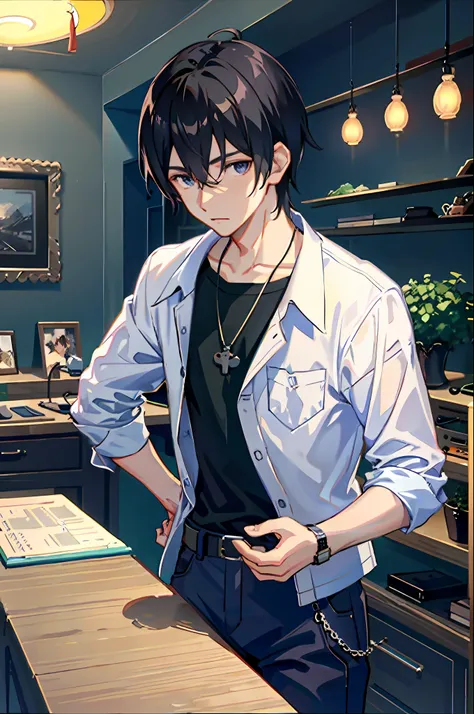 1boy, apple, bag, bangs, berry, black hair, black shirt, blue eyes, hair between eyes, jewelry, leaf, looking at viewer, male focus, necklace, pants, shirt, solo, watch, white pants, wristwatch, messy hair, trending on artstation, 8k resolution, highly det...